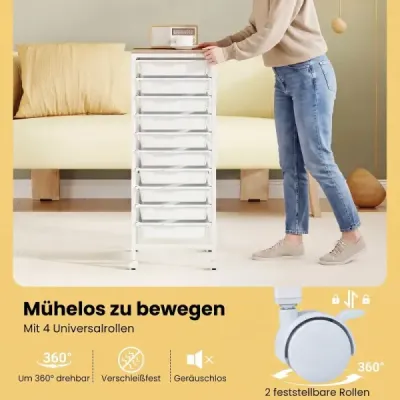 Vozík s 10 stohovatelnými zásuvkami a úchyty – pojízdný kontejner 37 x 32,5 x 85 cm, bílý