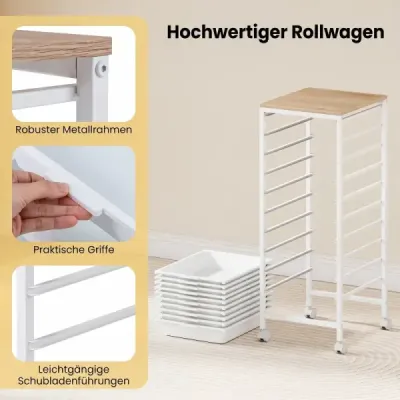 Vozík s 10 stohovatelnými zásuvkami a úchyty – pojízdný kontejner 37 x 32,5 x 85 cm, bílý