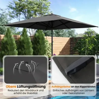 Slunečník 3 x 3 m – obdélníkový zahradní slunečník s ochranným obalem a hliníkovým stojanem, šedý