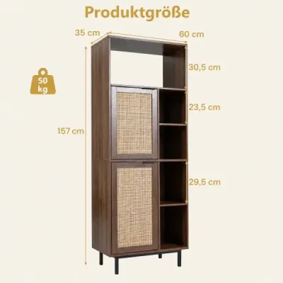 Kuchyňská skříňka s 2 ratanovými dvířky a 5 otevřenými přihrádkami, 60 x 35 x 157 cm, hnědá