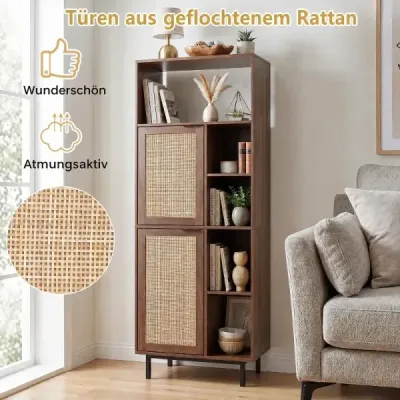 Kuchyňská skříňka s 2 ratanovými dvířky a 5 otevřenými přihrádkami, 60 x 35 x 157 cm, hnědá