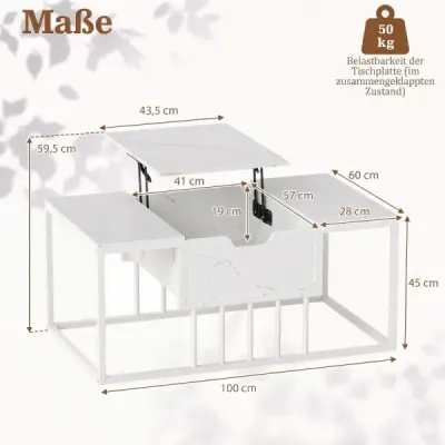 Konferenční stolek s nastavitelnou výškou, úložným prostorem a kovovou konstrukcí, 100 x 60 x 45 cm, bílý