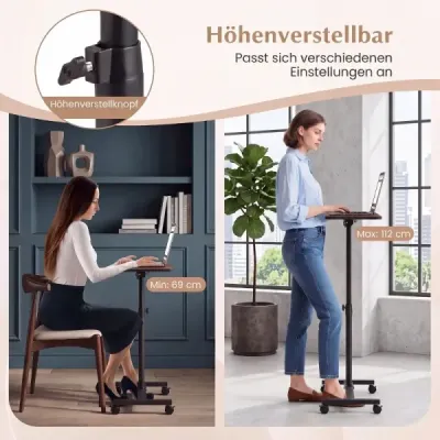 Výškově nastavitelný lůžkový stolek na kolečkách s naklápěcí a o 360° otočnou deskou – ošetřovací stolek, ořech