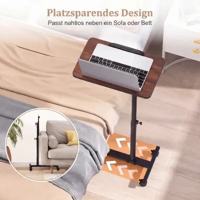 Výškově nastavitelný lůžkový stolek na kolečkách s naklápěcí a o 360° otočnou deskou – ošetřovací stolek, ořech