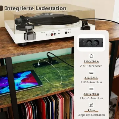 Stojan na gramofon s nastavitelným LED osvětlením a nabíjecí stanicí 90 x 40 x 76,5 cm Rustikálně hnědý