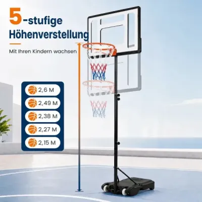 Výškovo nastaviteľný basketbalový stojan s kolieskami, ručnou kľukou a plniteľnou základňou 155-210 cm