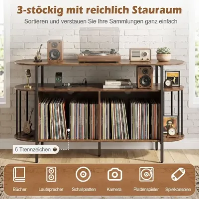 Stojan na gramofon s nabíjecí stanicí a barevnými LED diodami, 140 x 40 x 76 cm, rustikální hnědá