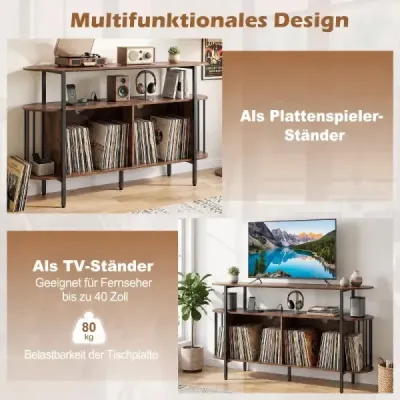 Stojan na gramofon s nabíjecí stanicí a barevnými LED diodami, 140 x 40 x 76 cm, rustikální hnědá