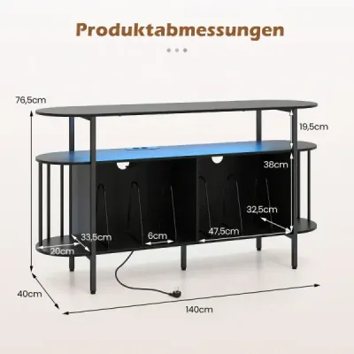 Stojan na gramofon s nabíjecí stanicí a barevnými LED diodami, 140 x 40 x 76 cm, černý