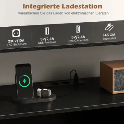 Stojan na gramofon s nabíjecí stanicí a barevnými LED diodami, 140 x 40 x 76 cm, černý