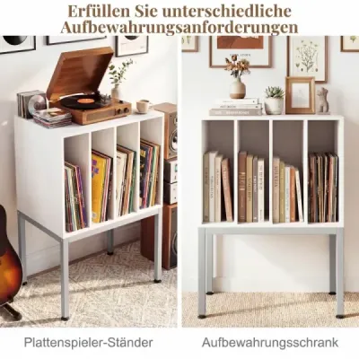 Stojan na gramofon s integrovanou nabíjecí stanicí, 4 přepážkami a otvorem pro kabely, bílý