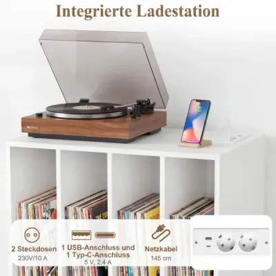 Stojan na gramofon s integrovanou nabíjecí stanicí, 4 přepážkami a otvorem pro kabely, bílý