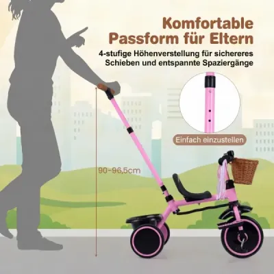 Dětská tříkolka 3 v 1 s výškově nastavitelnou rukojetí a proutěným košíkem pro děti ve věku 2–5 let, růžová