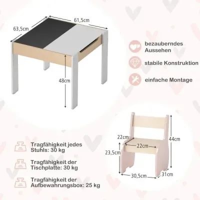 Sada 4 v 1: 3dílná dětská sedací souprava ze dřeva + dětská knihovna s univerzálními kolečky, růžová