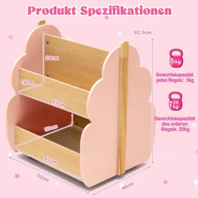 Sada 4 v 1: 3dílná dětská sedací souprava ze dřeva + dětská knihovna s univerzálními kolečky, růžová