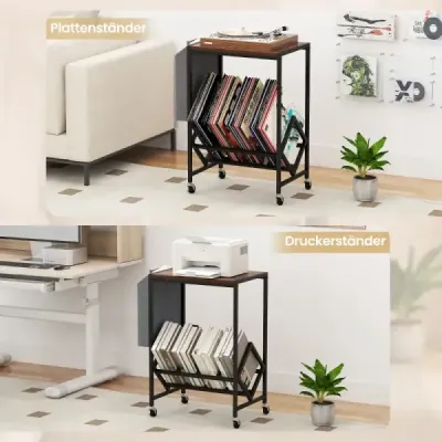 Stojan na gramofonové desky s kolečky, stolek na vinylové desky s úložným prostorem a držákem na časopisy, rustikální hnědý