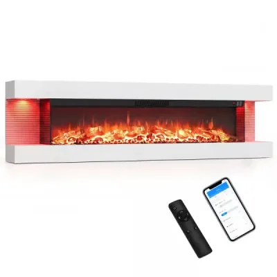 60" elektrický krb, třístranný, topný výkon 750 W/1500 W, elektrický krb s bočními LED světly, bílý