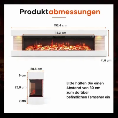 60" elektrický krb, třístranný, topný výkon 750 W/1500 W, elektrický krb s bočními LED světly, bílý