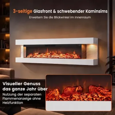 60" elektrický krb, třístranný, topný výkon 750 W/1500 W, elektrický krb s bočními LED světly, bílý