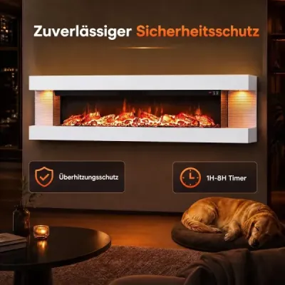 60" elektrický krb, třístranný, topný výkon 750 W/1500 W, elektrický krb s bočními LED světly, bílý