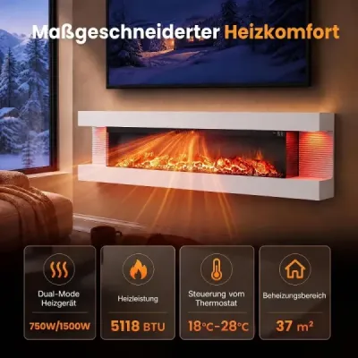 60" elektrický krb, třístranný, topný výkon 750 W/1500 W, elektrický krb s bočními LED světly, bílý