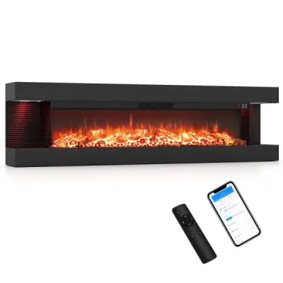 60" elektrický krb, třístranný, topný výkon 750 W/1500 W, elektrický krb s bočními LED světly, černý