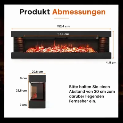 60" elektrický krb, třístranný, topný výkon 750 W/1500 W, elektrický krb s bočními LED světly, černý