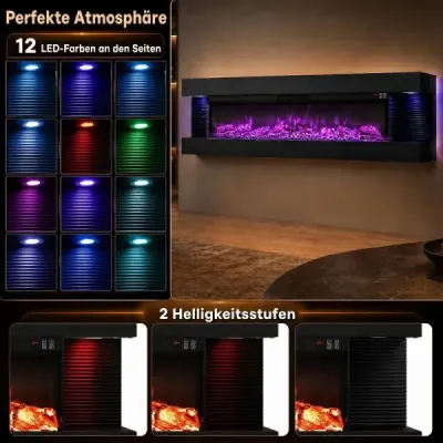 60" elektrický krb, třístranný, topný výkon 750 W/1500 W, elektrický krb s bočními LED světly, černý