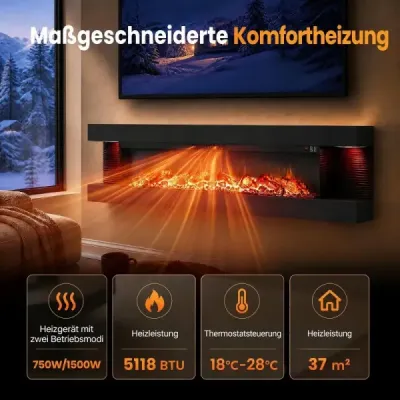 60" elektrický krb, třístranný, topný výkon 750 W/1500 W, elektrický krb s bočními LED světly, černý