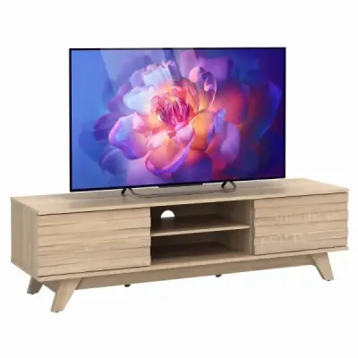 TV skříňka 145 cm s 2 přihrádkami, 2 policemi a 2 posuvnými dvířky pro televizory do 55 palců, dub