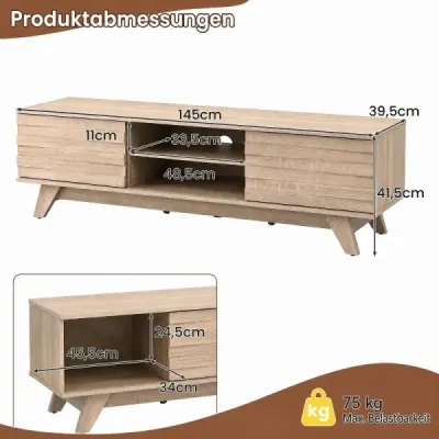TV skříňka 145 cm s 2 přihrádkami, 2 policemi a 2 posuvnými dvířky pro televizory do 55 palců, dub
