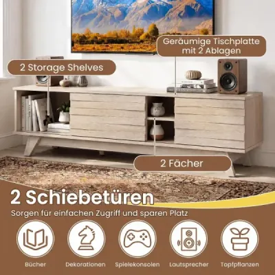 TV skříňka 145 cm s 2 přihrádkami, 2 policemi a 2 posuvnými dvířky pro televizory do 55 palců, dub