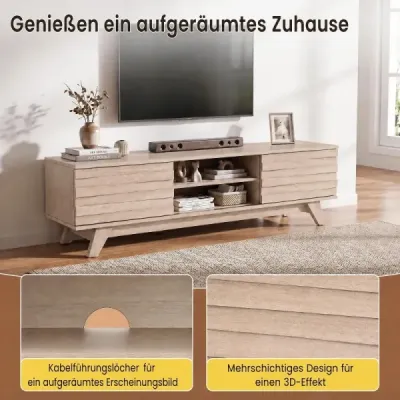 TV skříňka 145 cm s 2 přihrádkami, 2 policemi a 2 posuvnými dvířky pro televizory do 55 palců, dub