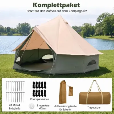 310 cm velký stan s otvorem pro kamna pro 2-4 osoby. Nepromokavá jurta se síťovanými okny. Khaki.