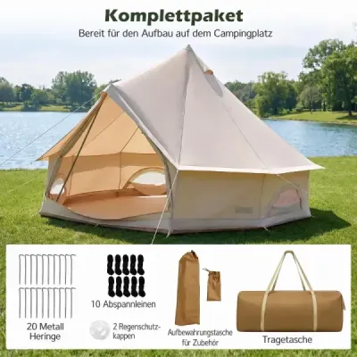310 cm velký stan s otvorem pro kamna pro 2-4 osoby. Nepromokavá jurta se síťovanými okny. Béžová.