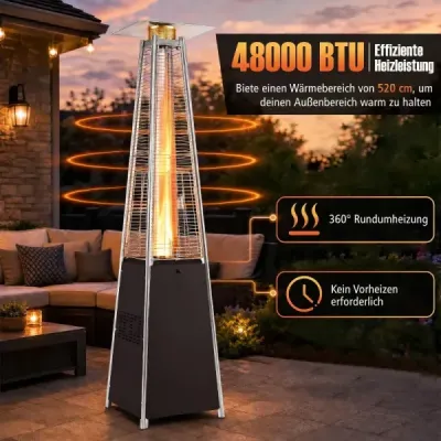 Plynový ohřívač Pyramide 14 000 W, terasový ohřívač s ochranou proti převrácení, stříbrný