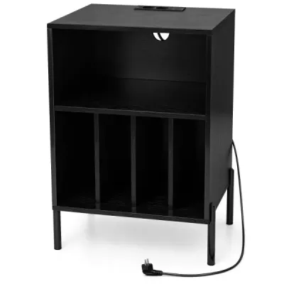 Stojan na gramofon s integrovanou nabíjecí stanicí a 4 přepážkami pro vinylové desky, černý