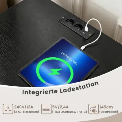 Stojan na gramofon s integrovanou nabíjecí stanicí a 4 přepážkami pro vinylové desky, černý
