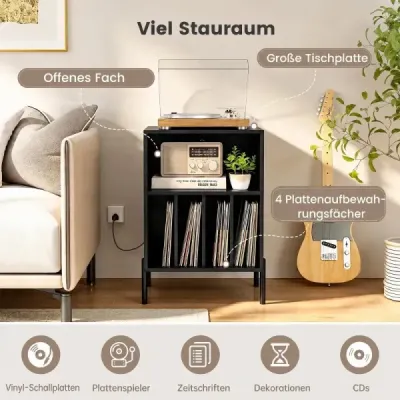 Stojan na gramofon s integrovanou nabíjecí stanicí a 4 přepážkami pro vinylové desky, černý