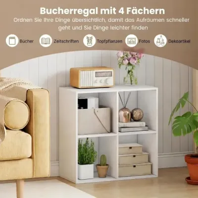 Dřevěná knihovna se 4 otevřenými přihrádkami, knihovna se sadou proti převrácení, stojací regál, bílá