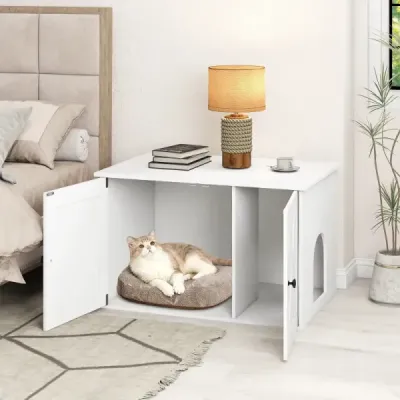 Skříň pro kočky se 2 dvířky, toaleta pro kočky 3 v 1 s bočním vchodem, rozměry 80 x 53 x 50 cm, bílá