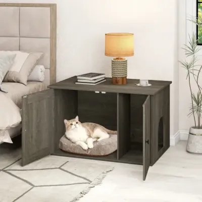 Skříň pro kočky se 2 dvířky, toaleta pro kočky 3 v 1 s bočním vchodem, skříň 80 x 53 x 50 cm, šedá