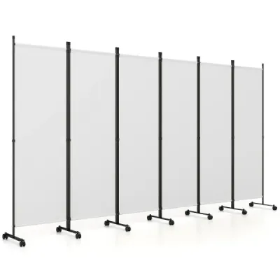 6dílný paraván – interiérový dělič prostoru na kolečkách s širokými opěrnými nohami, skládací, 330 x 173 cm, bílý