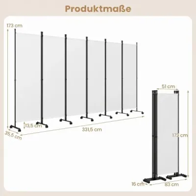 6dílný paraván – interiérový dělič prostoru na kolečkách s širokými opěrnými nohami, skládací, 330 x 173 cm, bílý