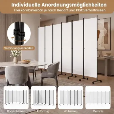 6dílný paraván – interiérový dělič prostoru na kolečkách s širokými opěrnými nohami, skládací, 330 x 173 cm, bílý
