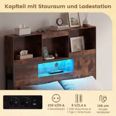 Rám dvojlůžka s LED osvětlením a úložným prostorem, kovová postel 140 x 220 cm, rustikální hnědá