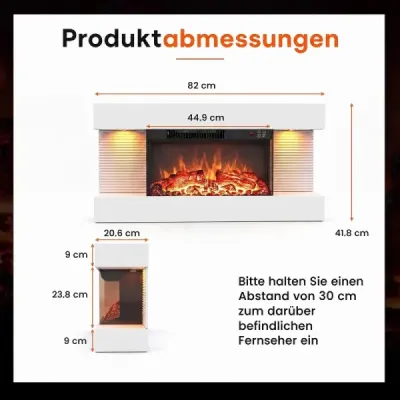 32" elektrický krb s trojstranným vyhříváním, elektrický krb s bočními LED světly a 12 barvami plamenů, bílý