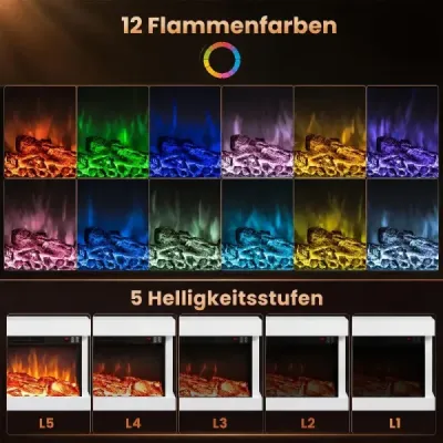 32" elektrický krb s trojstranným vyhříváním, elektrický krb s bočními LED světly a 12 barvami plamenů, bílý