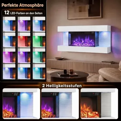 32" elektrický krb s trojstranným vyhříváním, elektrický krb s bočními LED světly a 12 barvami plamenů, bílý