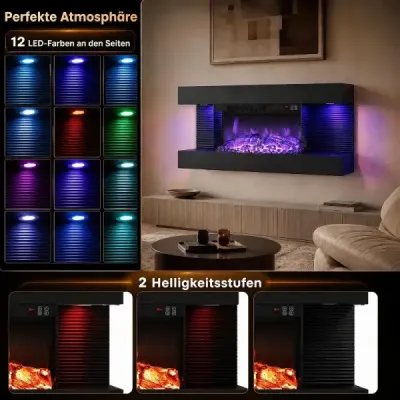 32" elektrický krb s vytápěním ze tří stran, elektrický krb s bočními LED světly a 12 barvami plamenů, černý